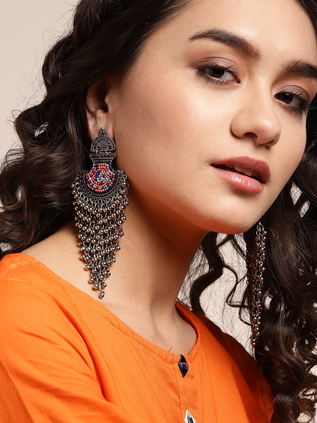 

Sangria Pink Oxidised Silver-Plated Beaded Afghan Classic Drop Earrings