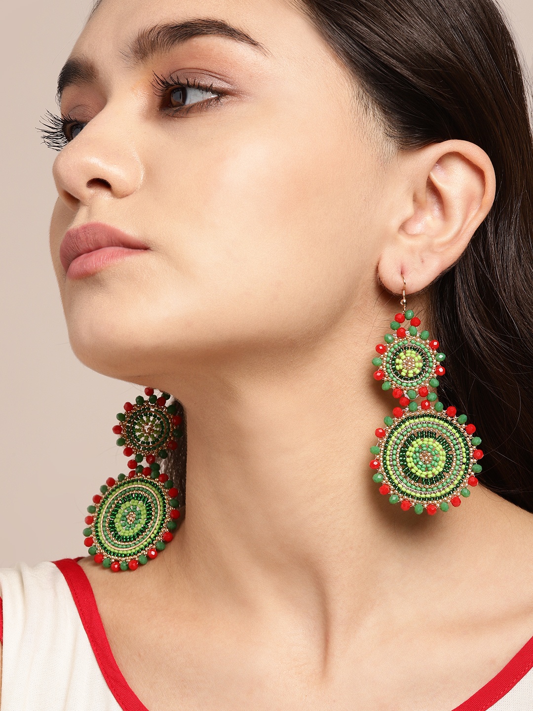 

Sangria Green & Red Beaded Circular Drop Earrings