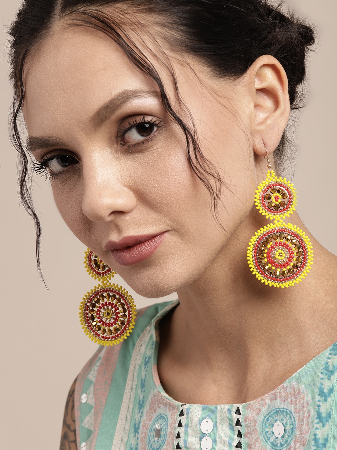 

Sangria Yellow & Red Beaded Circular Drop Earrings