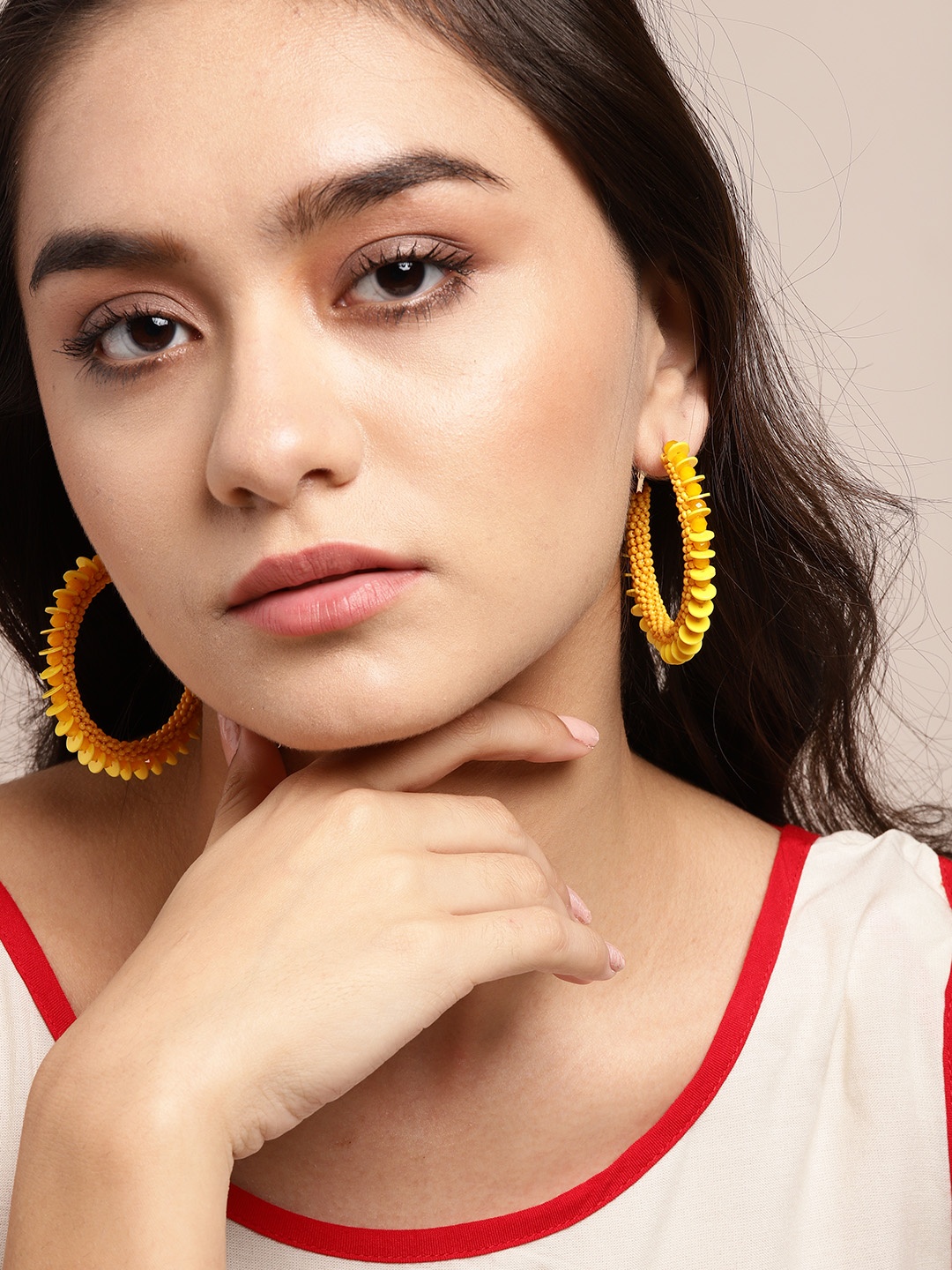 

Sangria Yellow & Rose Gold-Plated Beaded Sequinned Circular Hoop Earrings