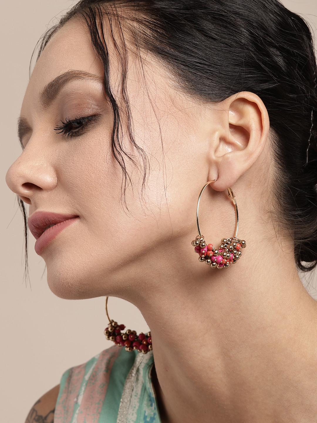 

Sangria Pink & Orange Rose Gold-Plated Beaded Circular Hoop Earrings
