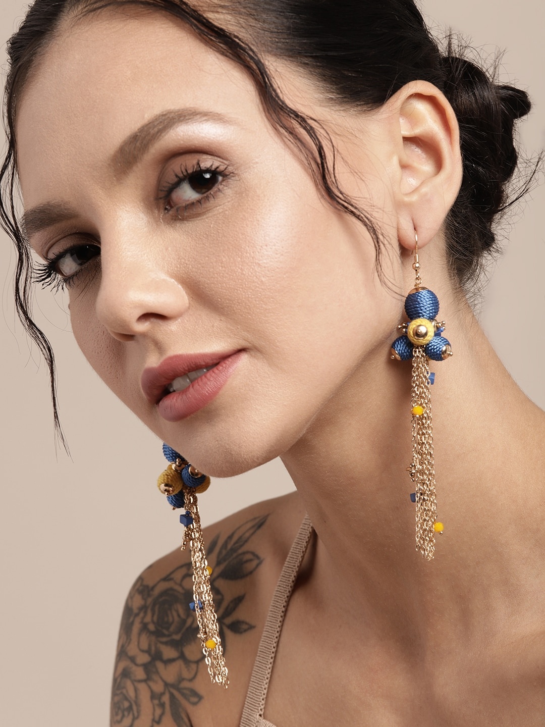

Sangria Yellow & Blue Gold-Plated Beaded Tasselled Contemporary Drop Earrings
