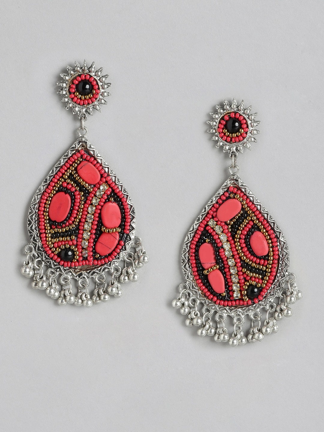 

Sangria Red & Black Silver-Plated Beaded Teardrop Shaped Drop Earrings