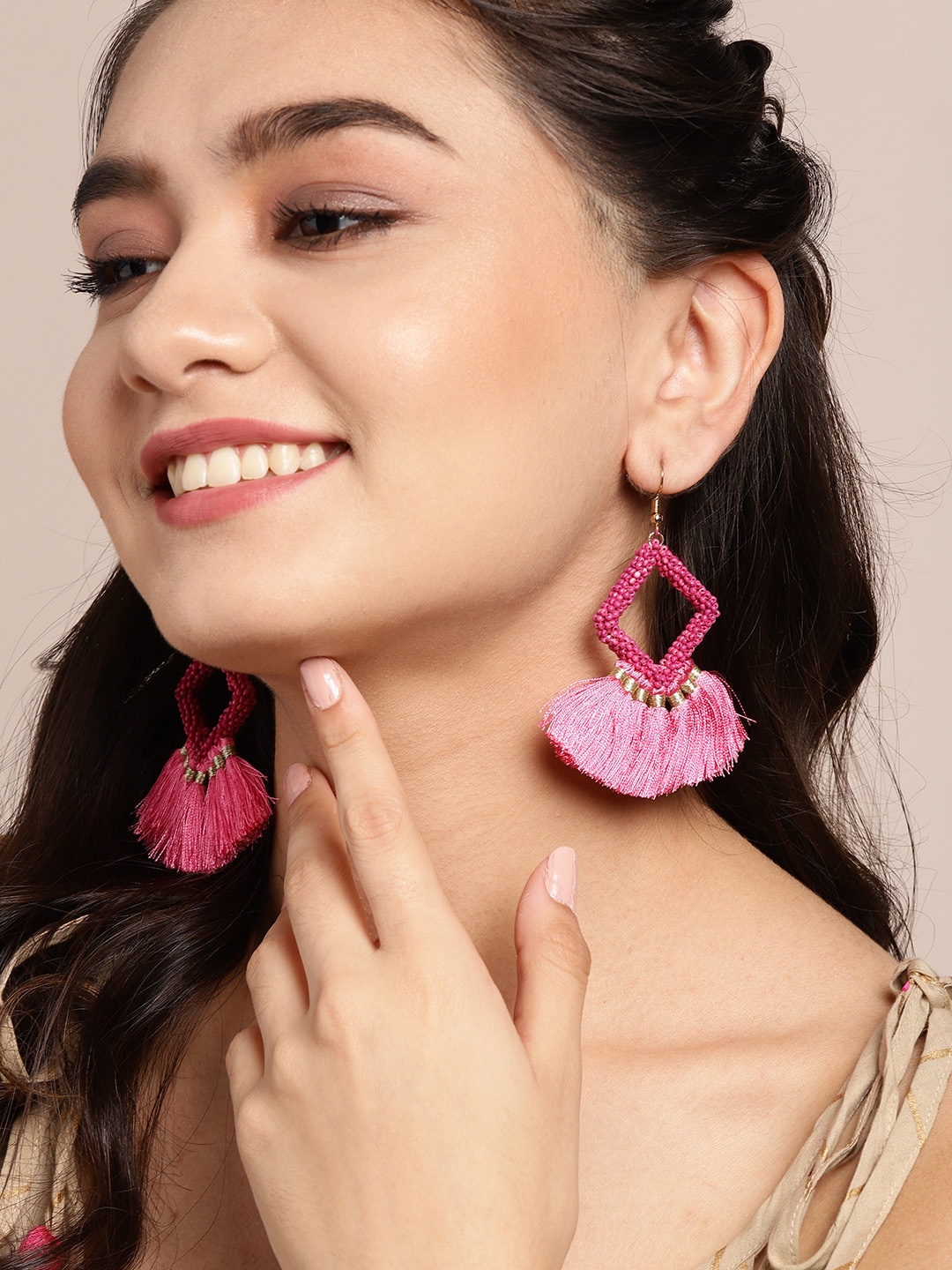 

Sangria Pink & Gold-Toned Beaded Tasselled Geometric Drop Earrings