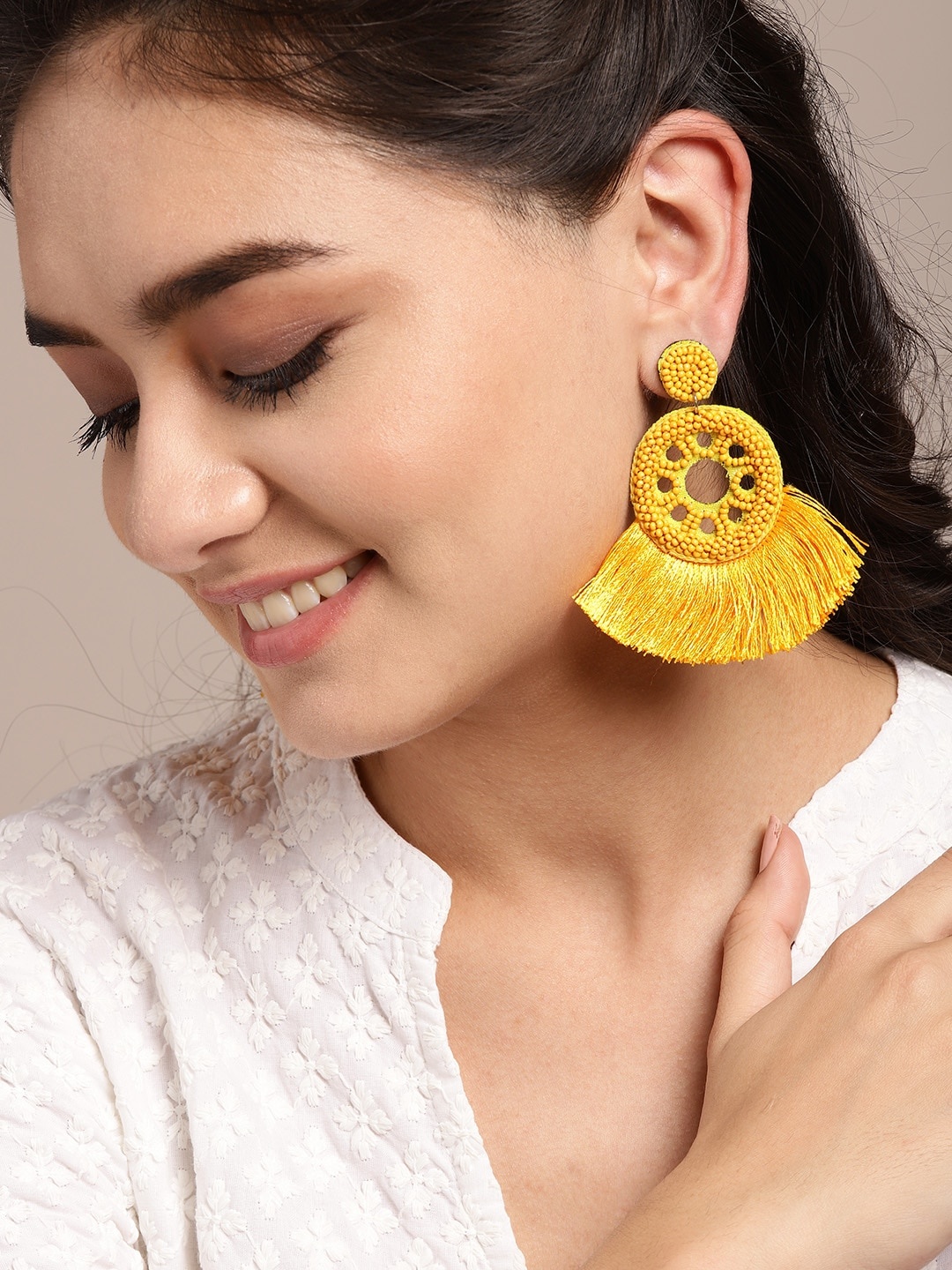 

Sangria Mustard Yellow Beaded Circular Tasselled Drop Earrings