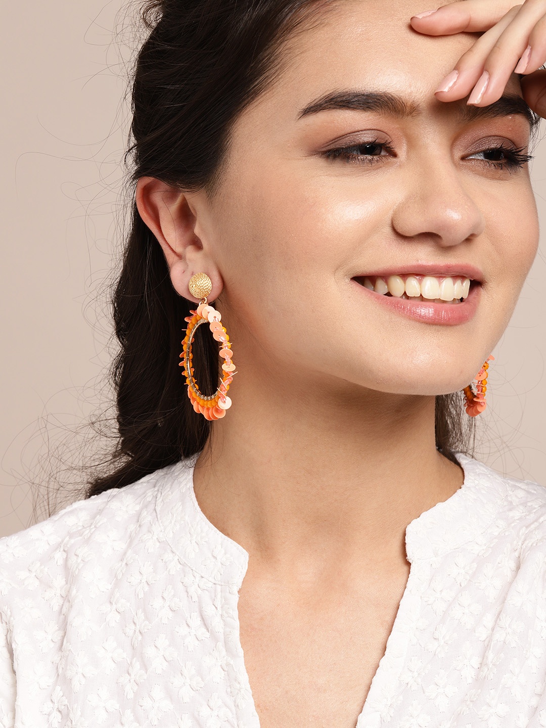 

Sangria Coral Pink & Orange Gold-Plated Beaded Circular Drop Earrings