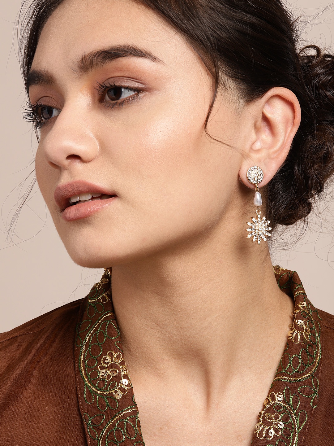 

Sangria Gold-Toned & White Stone Studded & Beaded Floral Drop Earrings