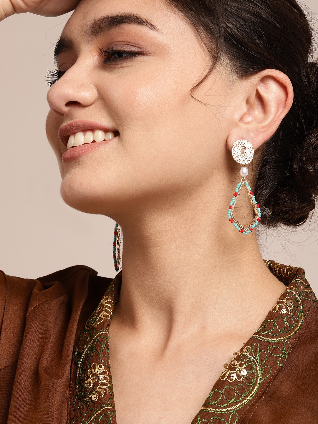 

Sangria Sea Green & Red Rose Gold-Plated Beaded Contemporary Drop Earrings