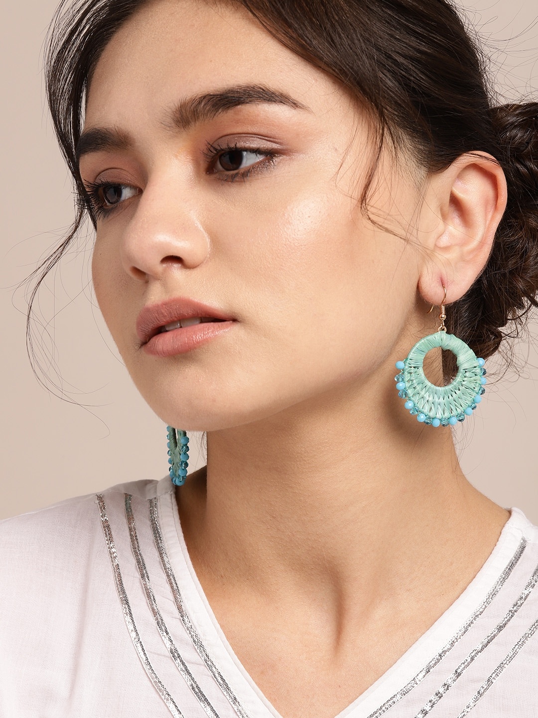 

Sangria Green & Blue Rose-Gold Plated Threadwork Beaded Circular Drop Earrings