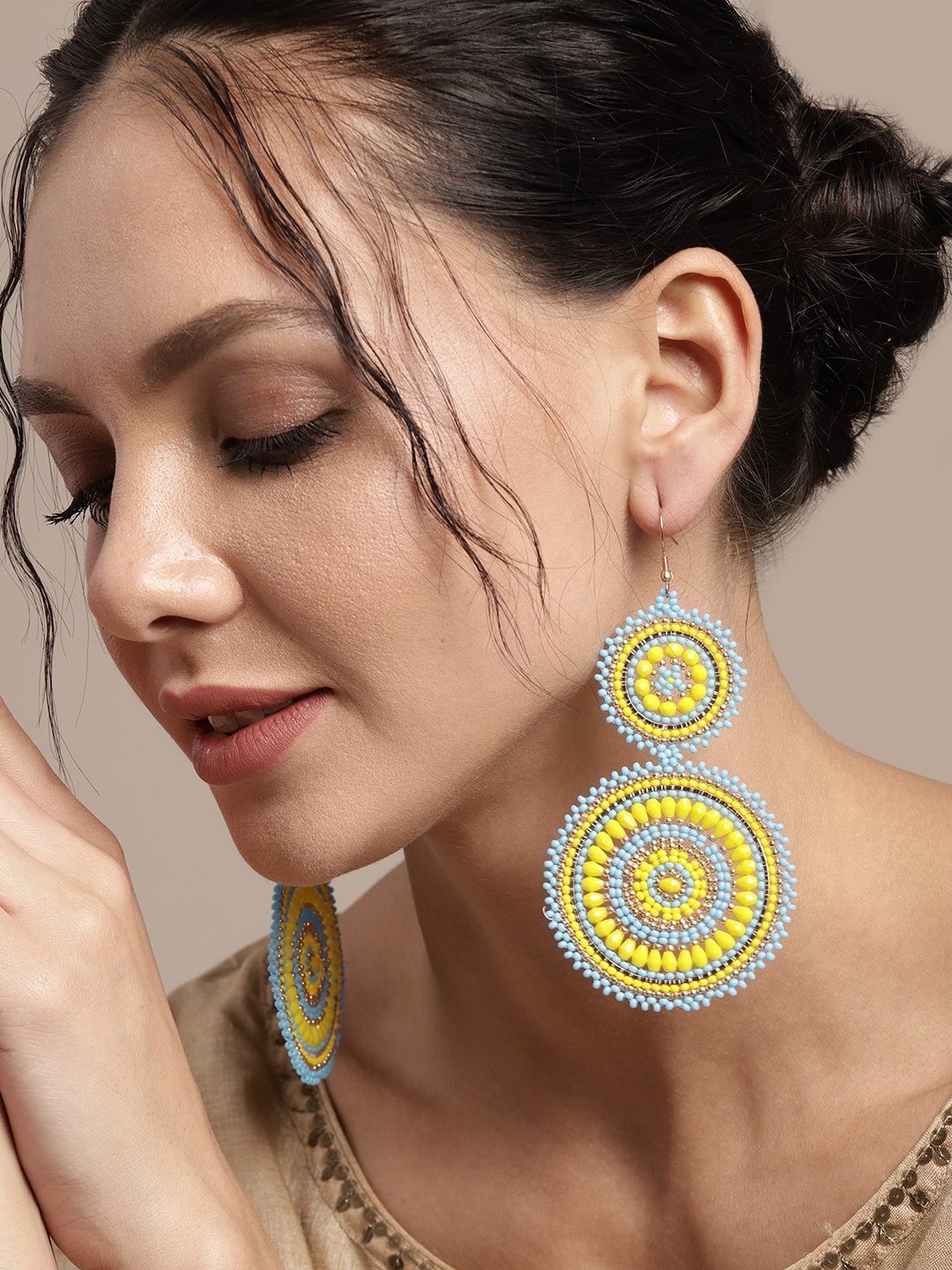 

Sangria Blue & Yellow Beaded Circular Drop Earrings