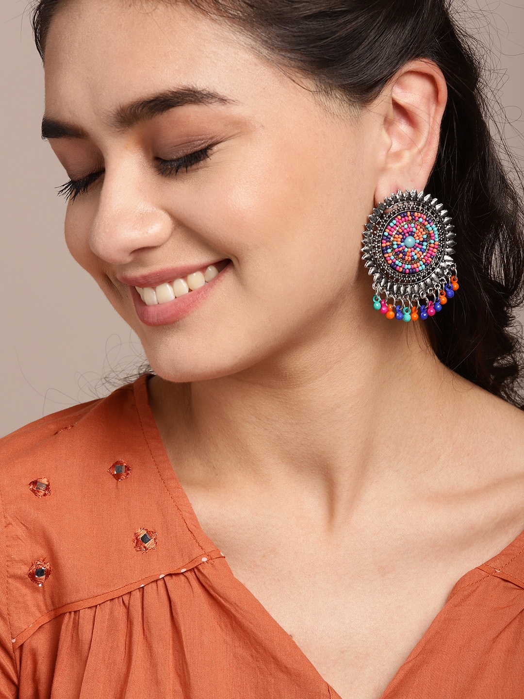 

Sangria Pink & Blue Oxidised Silver-Plated Beaded Circular Drop Earrings