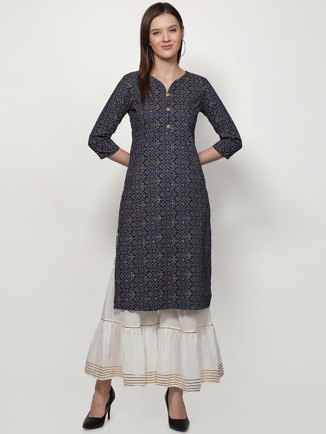 

Dipsha Women Navy Blue Printed Regular Pure Cotton Kurta with Sharara