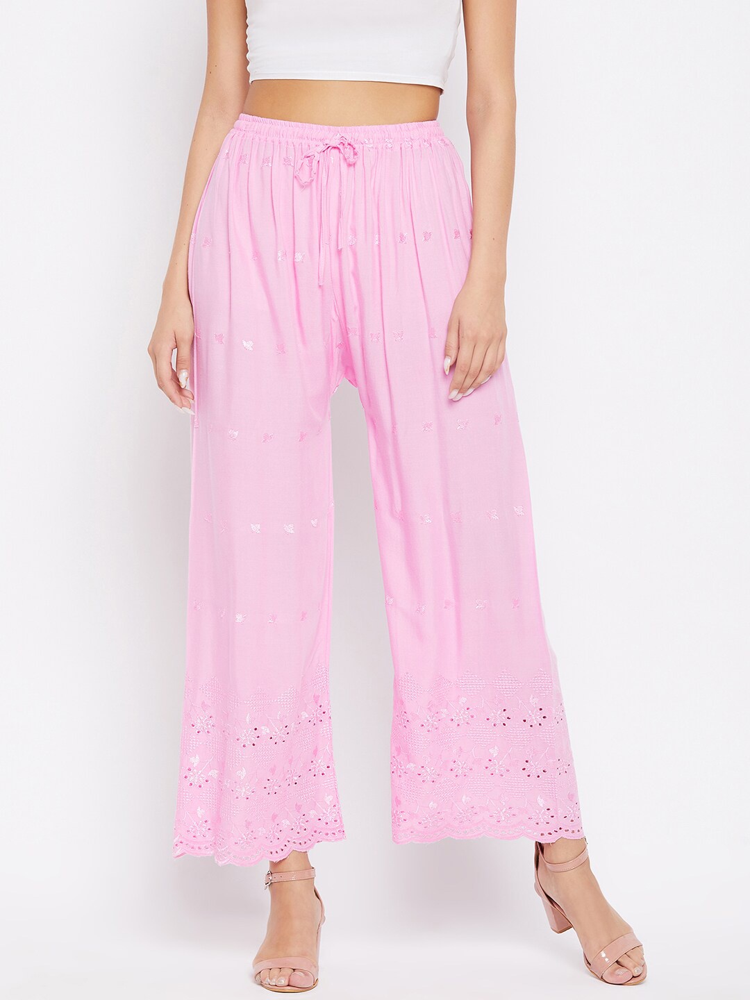 

Clora Creation Women Pink Floral Embroidered Flared Knitted Palazzos