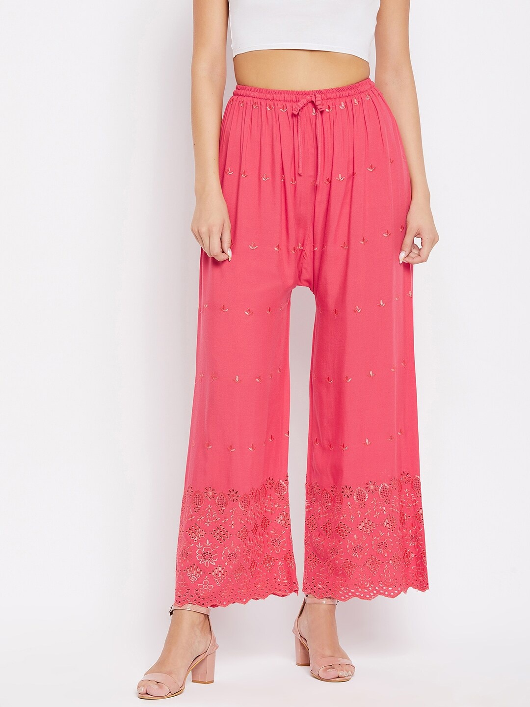 

Clora Creation Women Pink Floral Embroidered Flared Knitted Ethnic Palazzos
