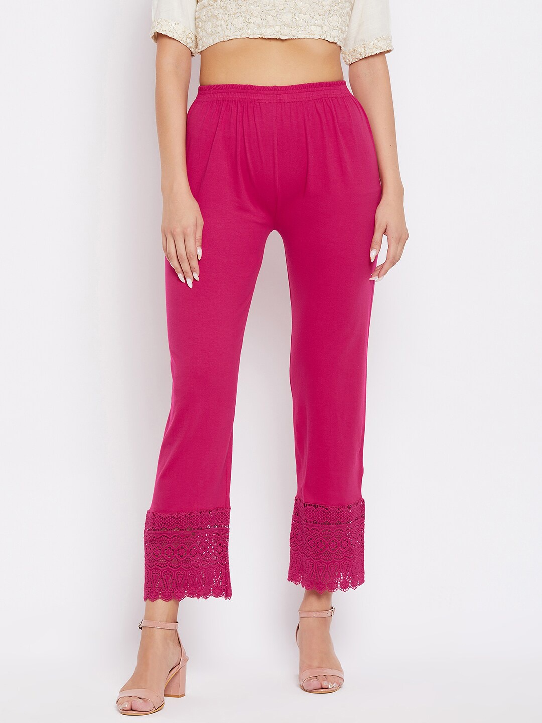 

Clora Creation Women Magenta Floral Hem Design Knitted Ethnic Palazzos