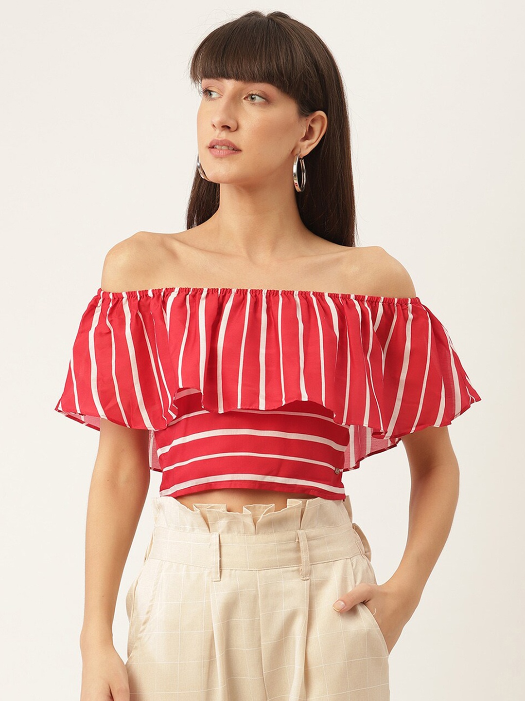 

ELLE Red & White Striped Off-Shoulder Bardot Top