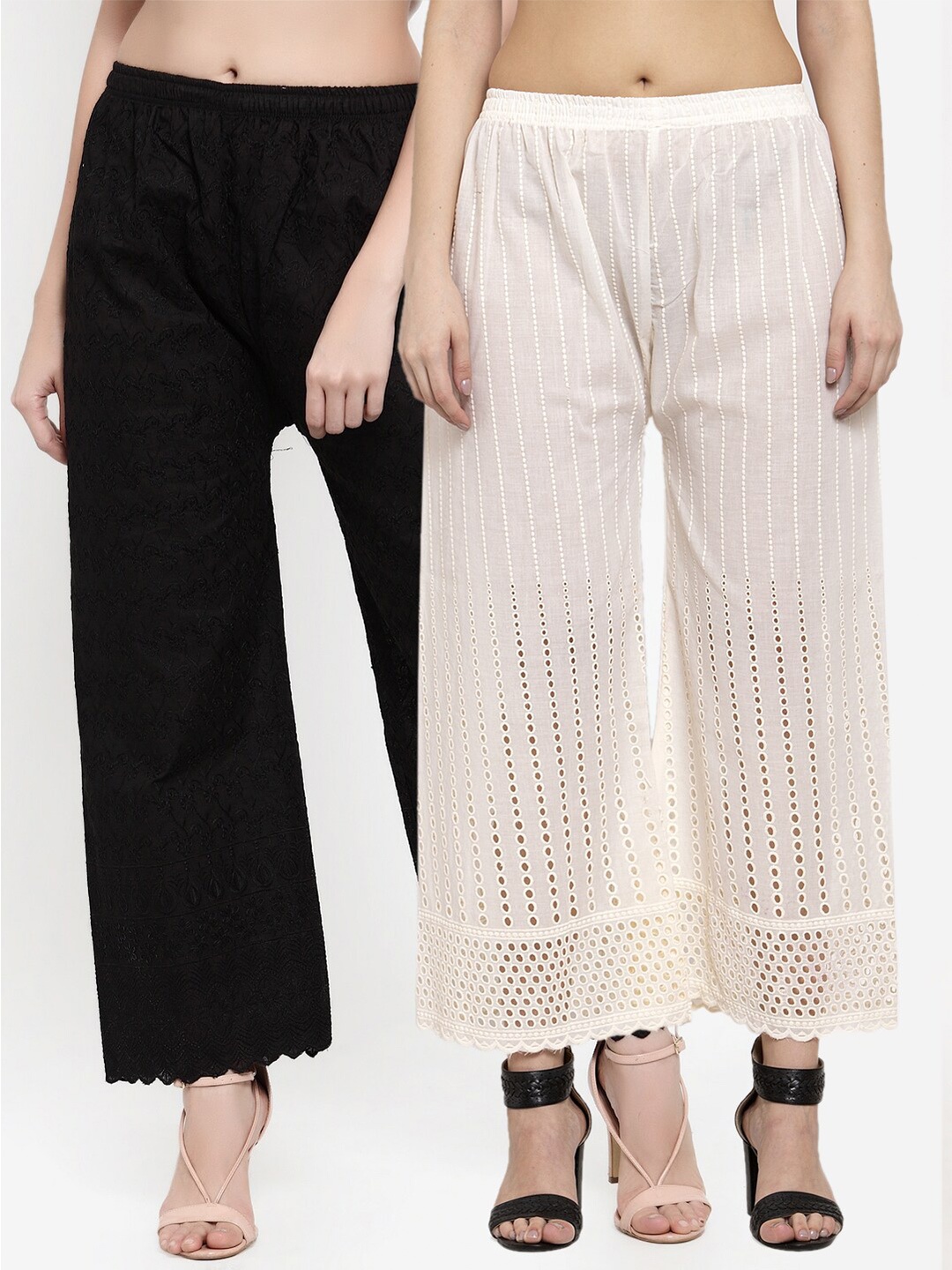 

Miaz Lifestyle Women Off White & Black Pack of 2 Embroidered Ethnic Palazzos