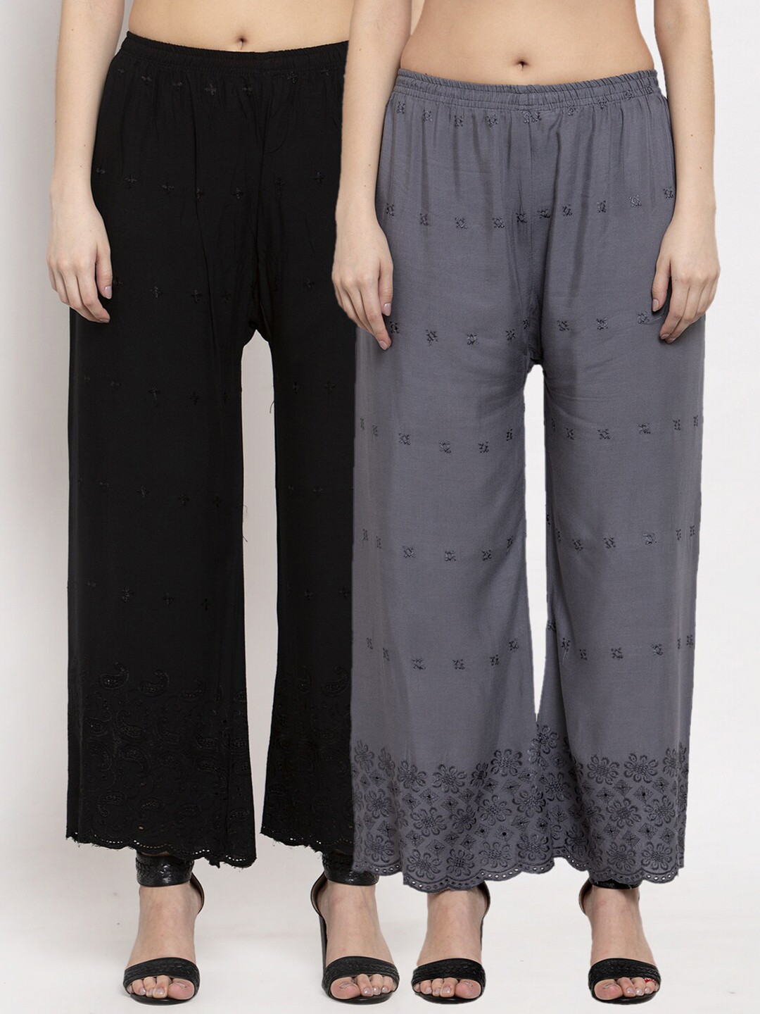 

Miaz Lifestyle Women Black & Grey Pack of 2 Embroidered Ethnic Palazzos