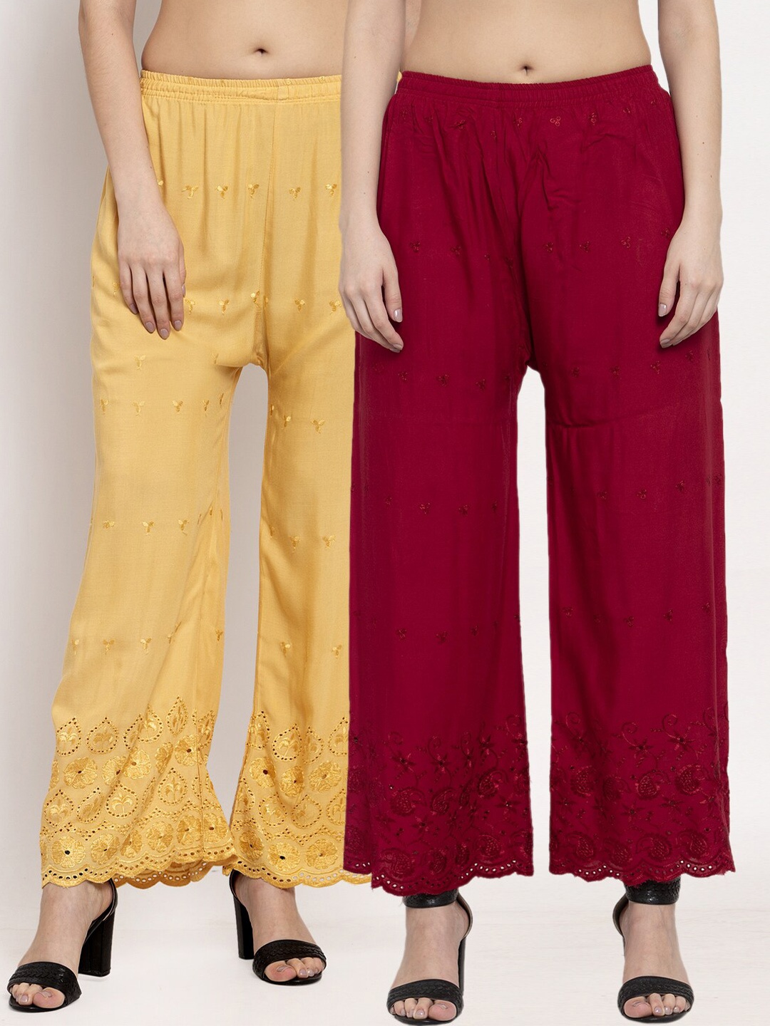 

Miaz Lifestyle Women Pack of 2 Maroon & Beige Embroidered Ethnic Palazzos