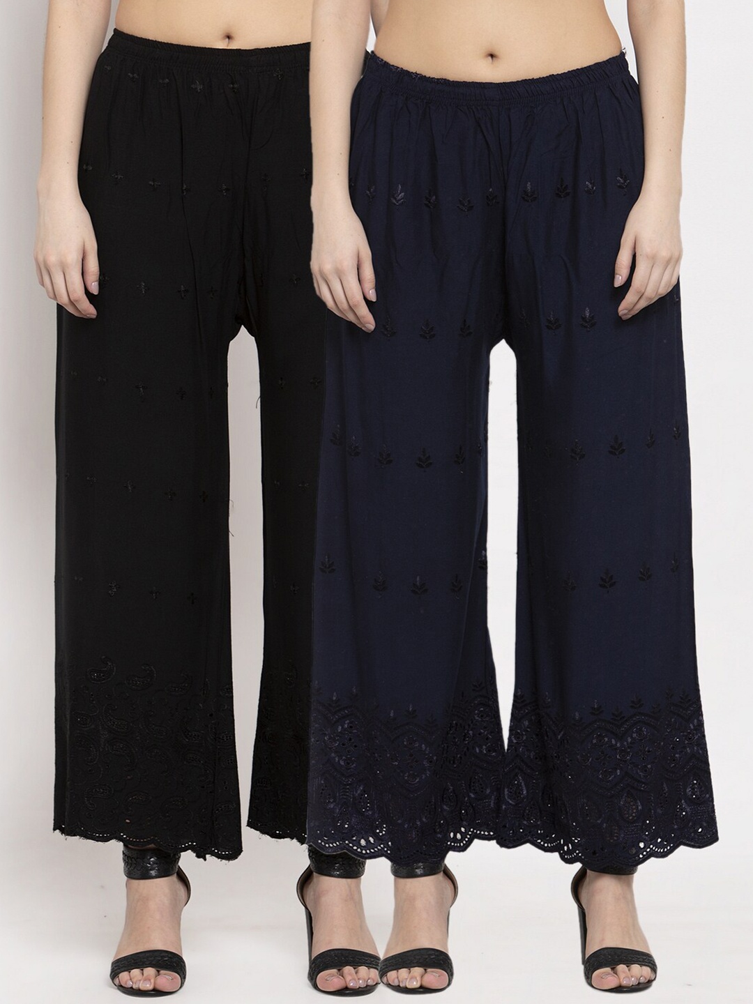 

Miaz Lifestyle Women Pack of 2 Black & Navy Blue Embroidered Ethnic Palazzos
