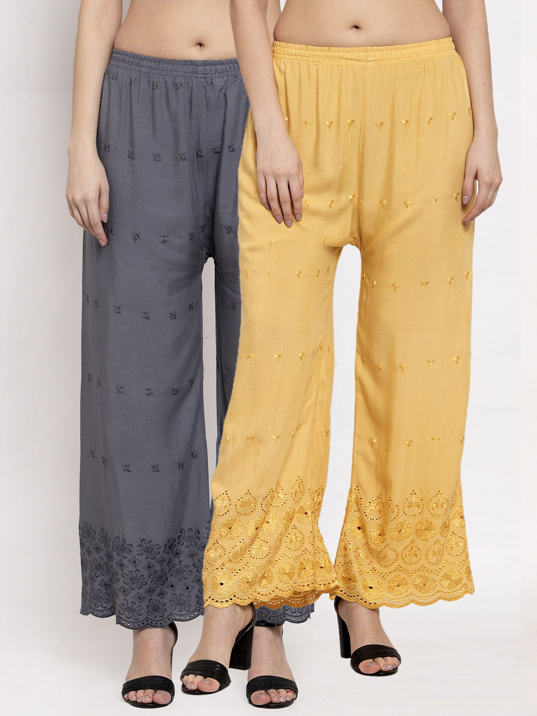 

Miaz Lifestyle Women Pack of 2 Grey & Gold-Coloured Embroidered Ethnic Palazzos
