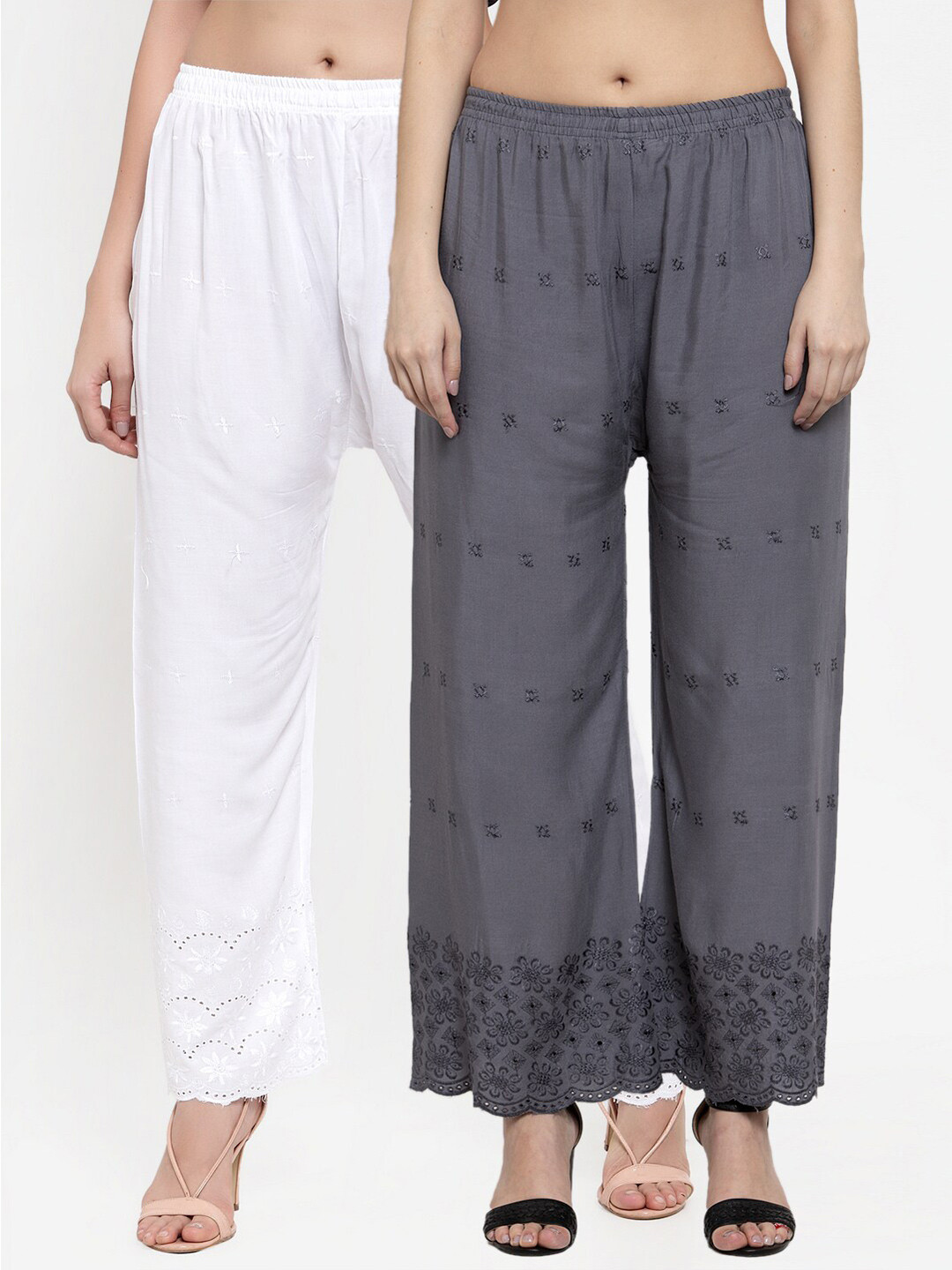 

Miaz Lifestyle Women Pack of 2 Grey & White Embroidered Ethnic Palazzos