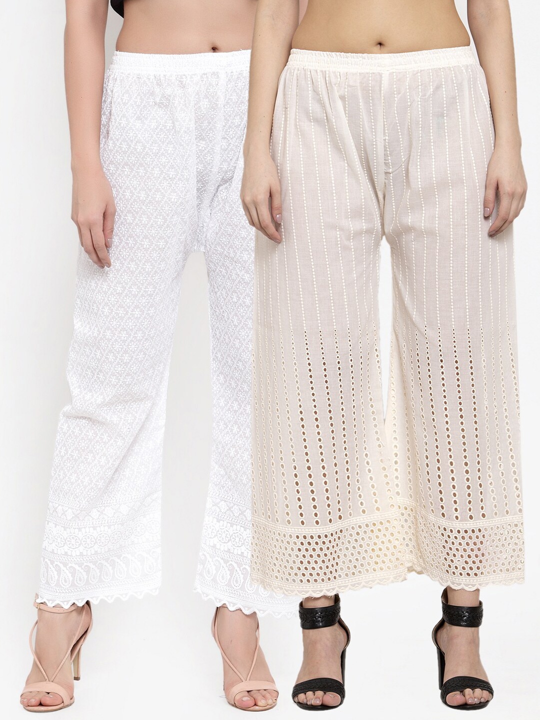 

Miaz Lifestyle Women Pack of 2 White & Off White Embroidered Ethnic Palazzos