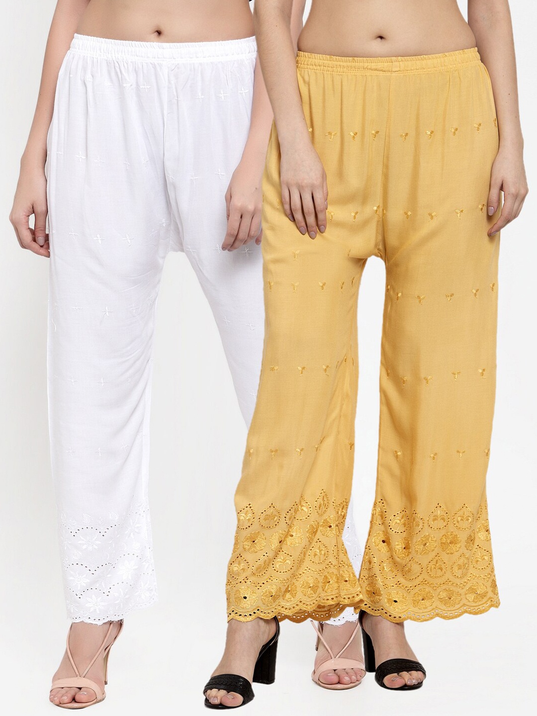 

Miaz Lifestyle Women Pack of 2 Beige & White Embroidered Ethnic Palazzos