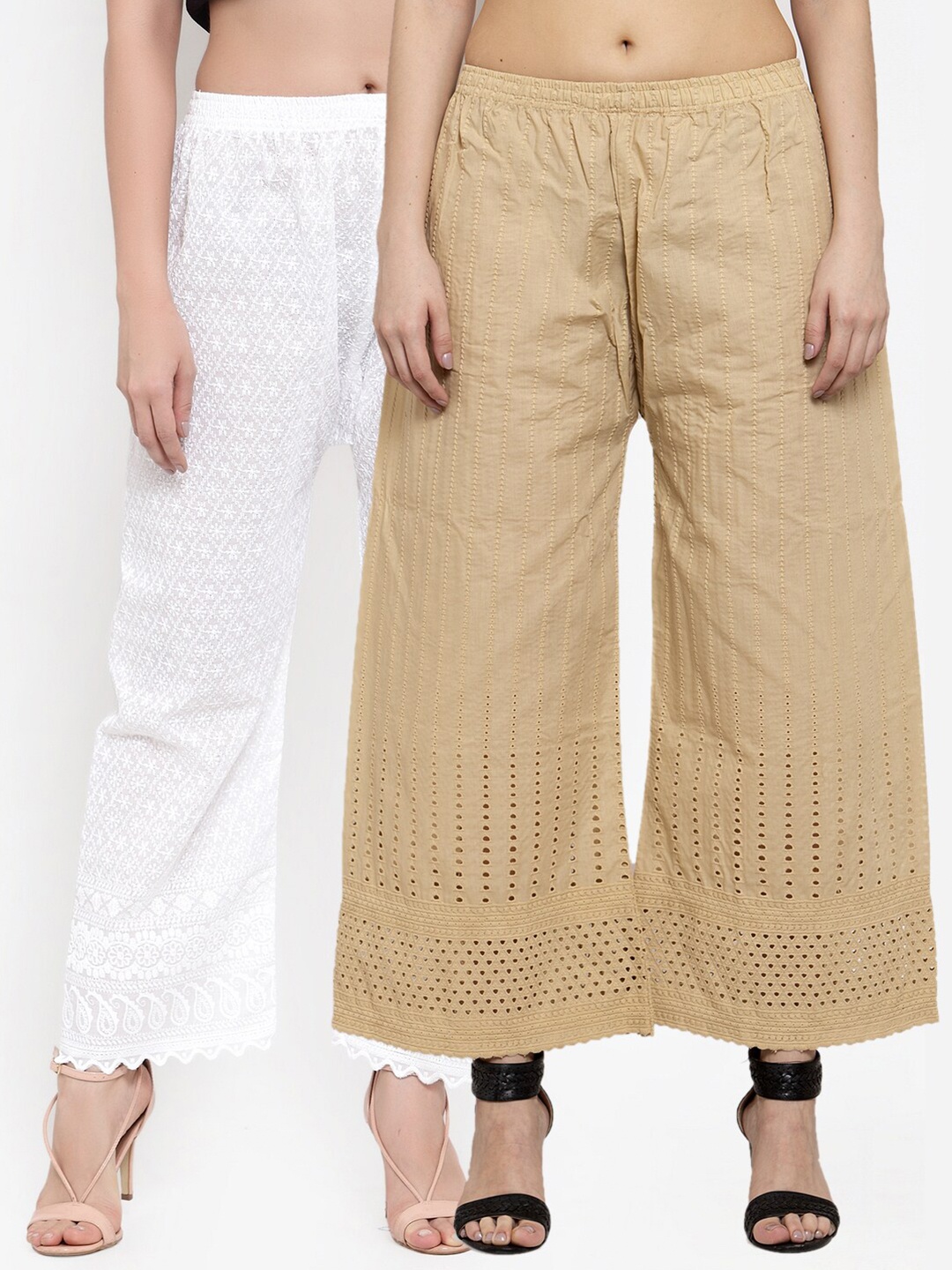 

Miaz Lifestyle Women Pack of 2 White & Beige Embroidered Ethnic Palazzos