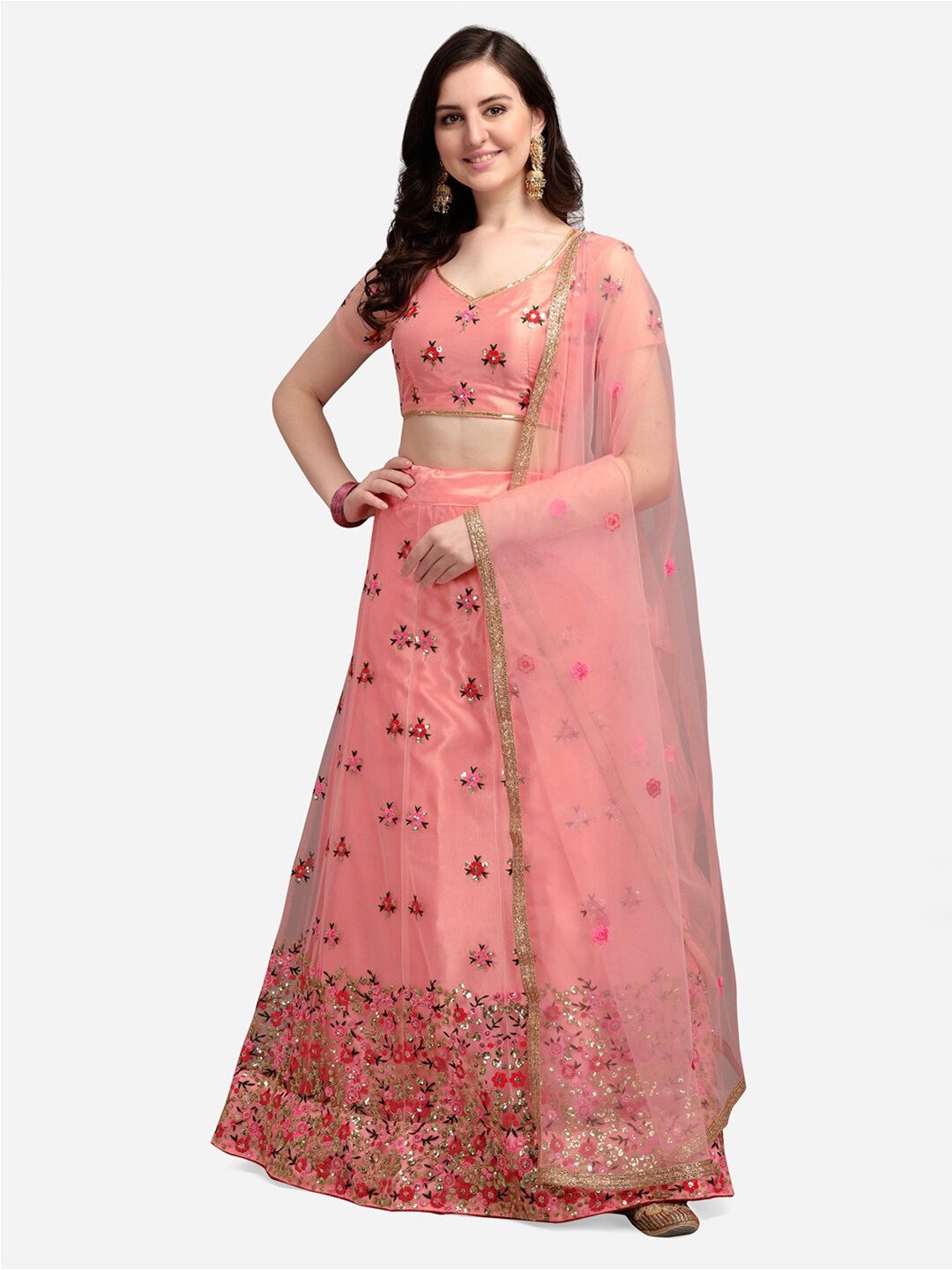 

Satrani Peach-Coloured & Red Embroidered Semi-Stitched Lehenga & Unstitched Blouse With Dupatta
