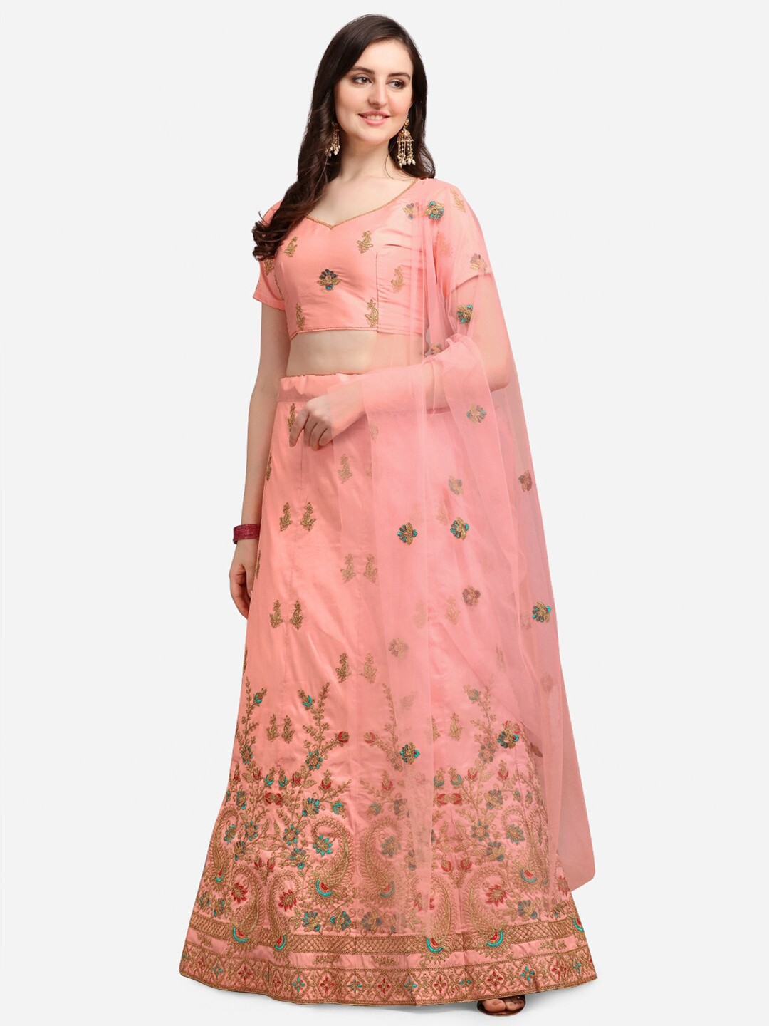 

Satrani Peach-Coloured & Blue Embroidered Semi-Stitched Lehenga & Blouse With Dupatta