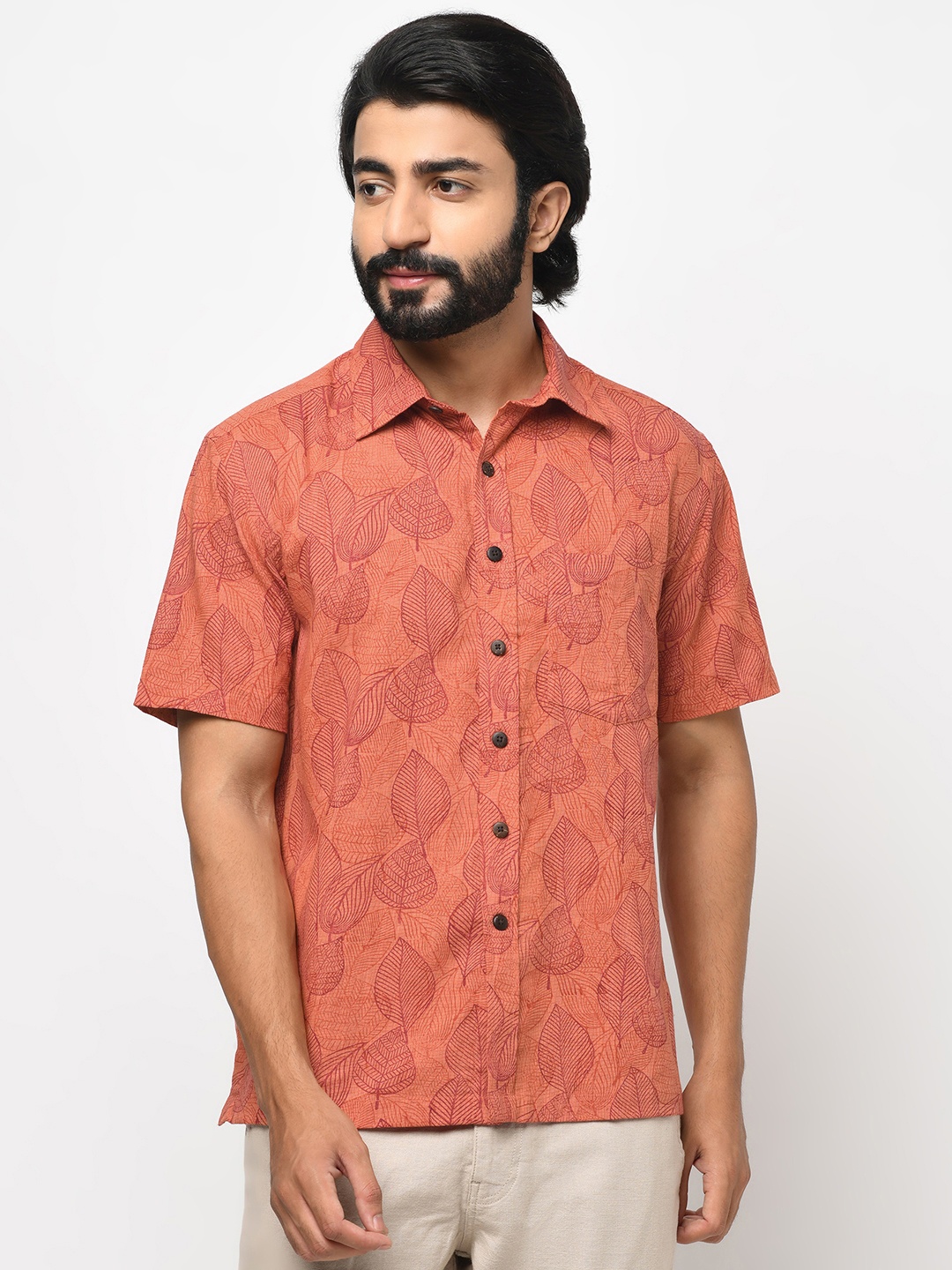 

Fabindia Men Rust Orange & Maroon Ethnic Motifs Handblock Print Cotton Casual Shirt