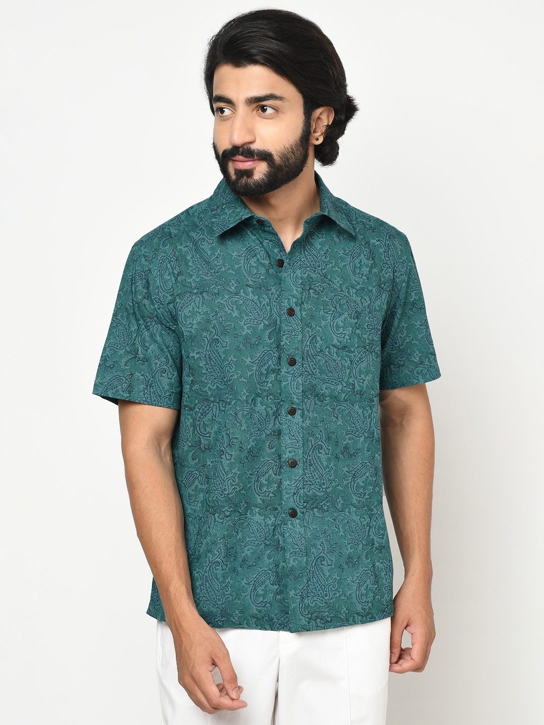 

Fabindia Men Green & Navy Blue Ethnic Motifs Handblock Printed Cotton Shirt