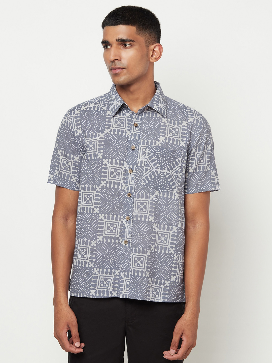 

Fabindia Men Grey & White Ethnic Motifs Print Cotton Shirt