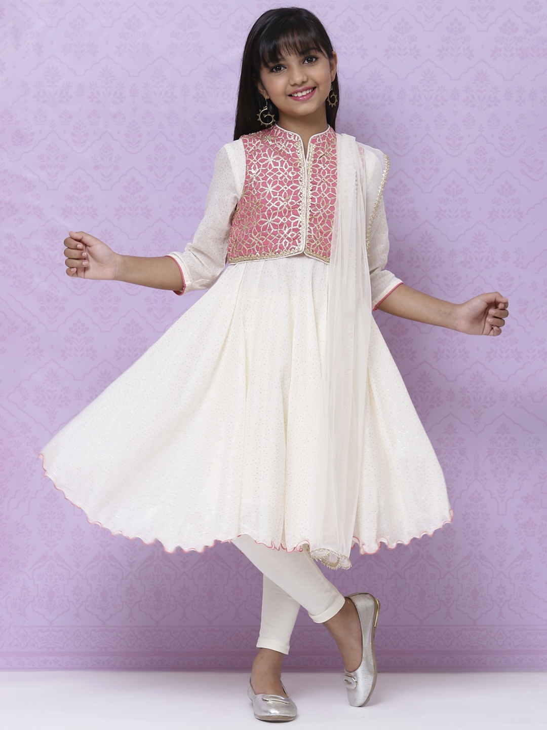 

Biba Girls Off-White & Pink Printed Cotton Anarkali Kurta with Churidar & Dupatta