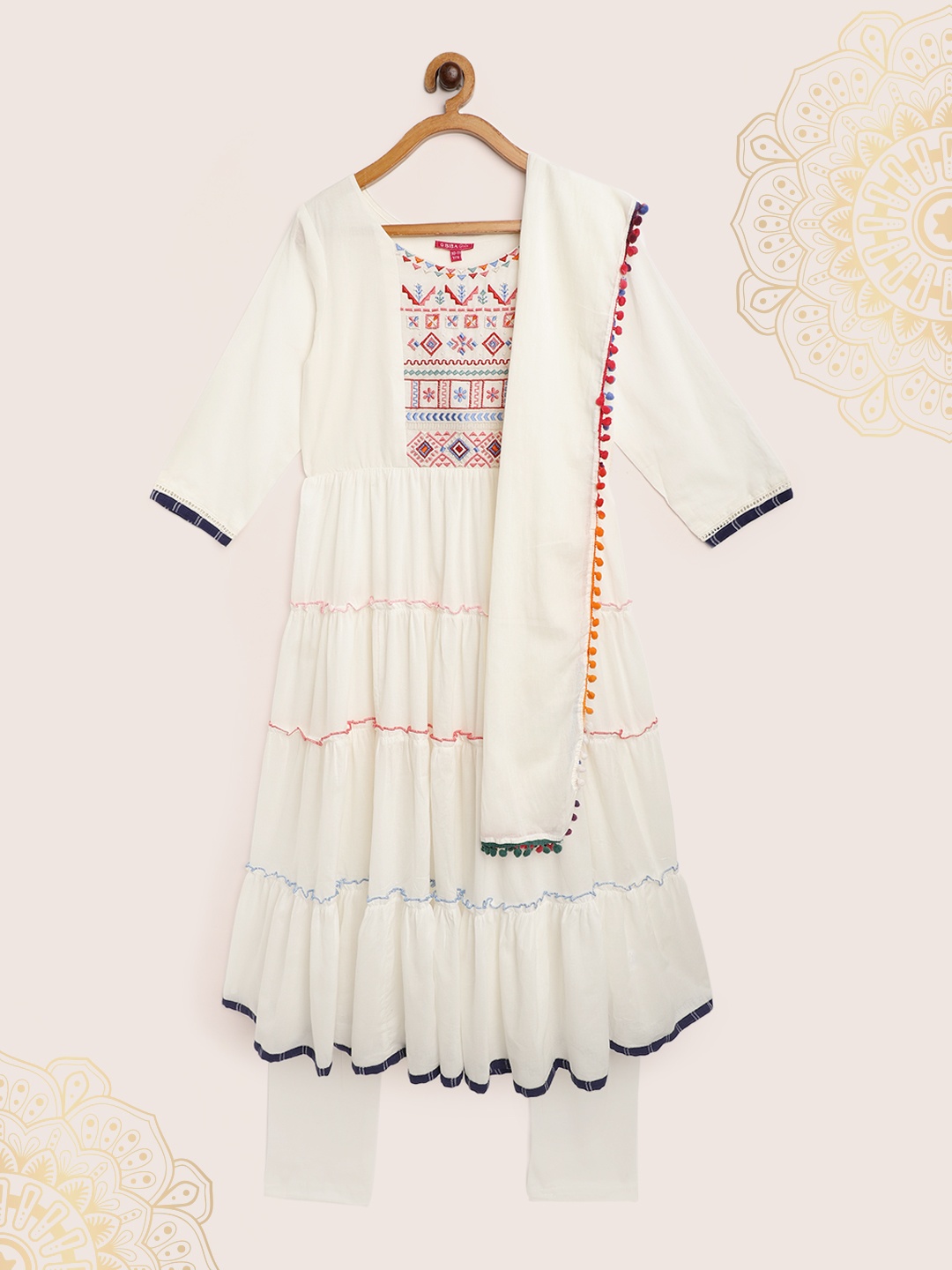 

Biba Girls Off White &Red Embroidered Tiered Kurta with Leggings & Dupatta