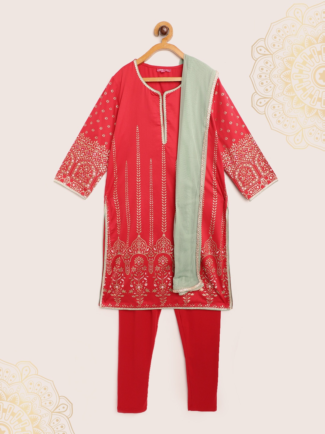 

Biba Girls Red & Golden Ethnic Motifs Foil Print Kurta with Churidar & Dupatta