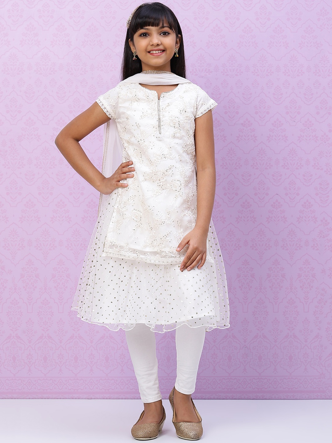 

Biba Girls White Embroidered Regular Kurta with Churidar & Dupatta