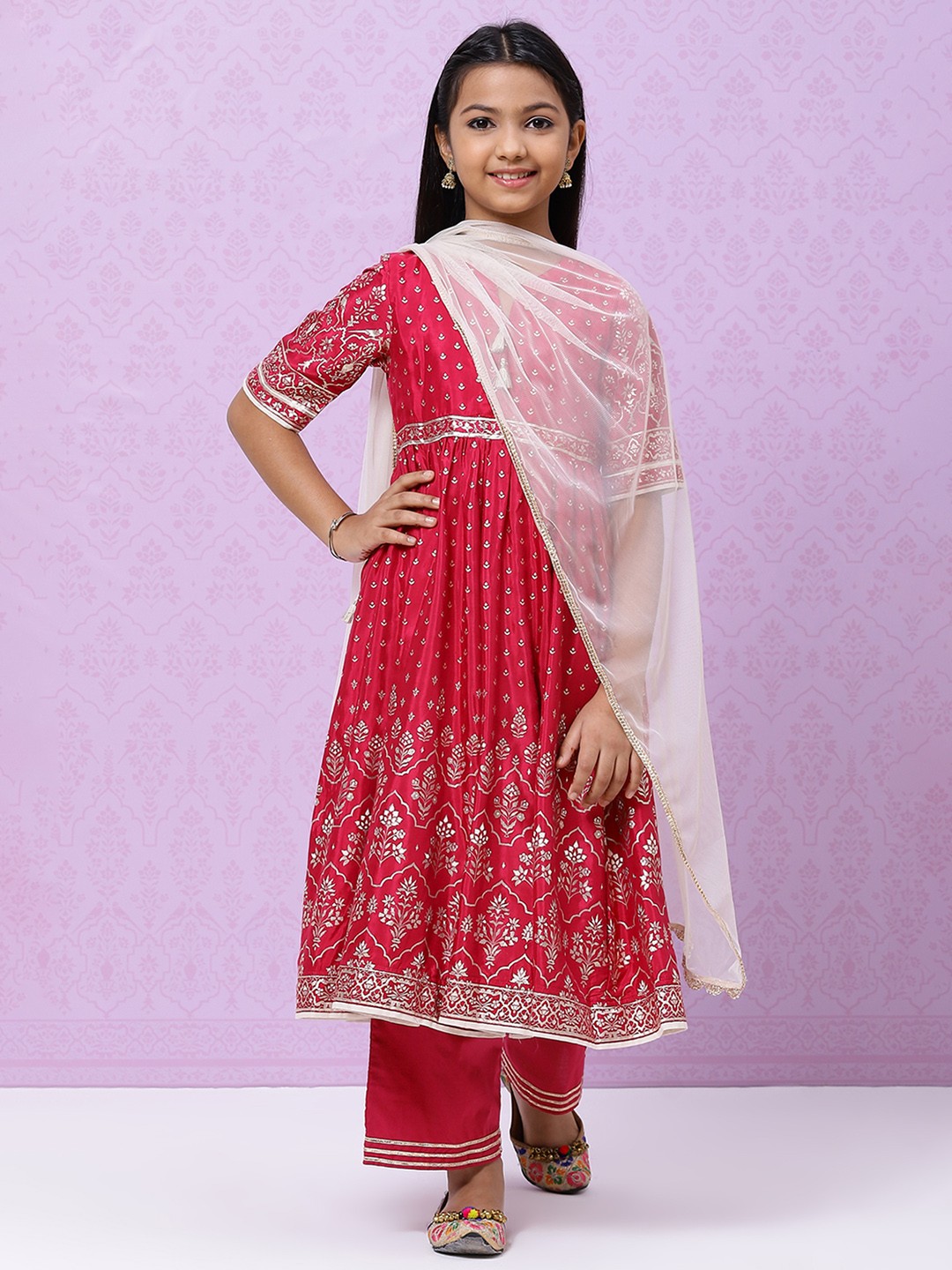 

Biba Girls Pink & White Ethnic Motifs Print Kurta with Palazzos & Dupatta