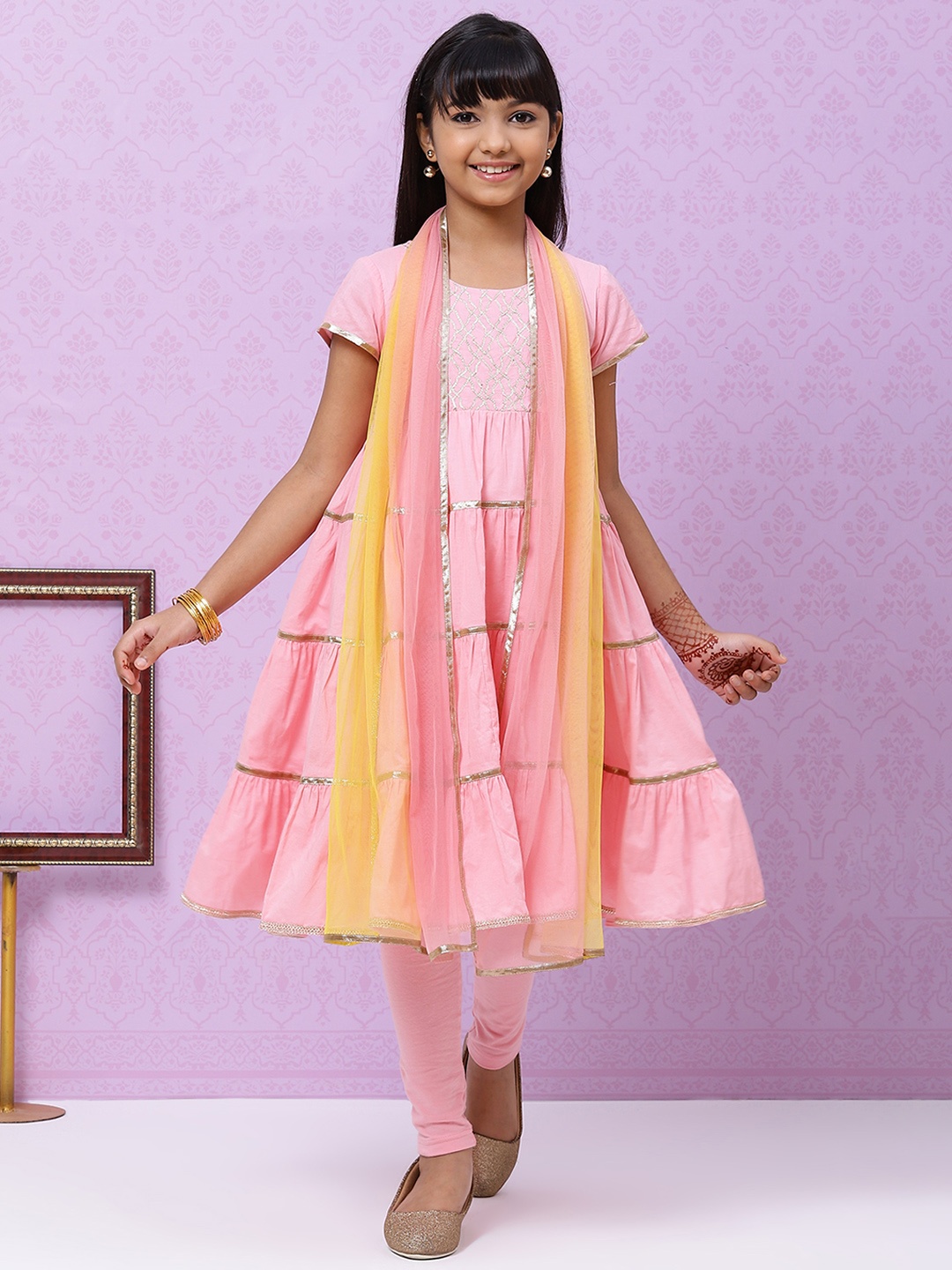 

Biba Girls Pink & Silver Yoke Design Tiered Cotton Kurta with Churidar & Dupatta