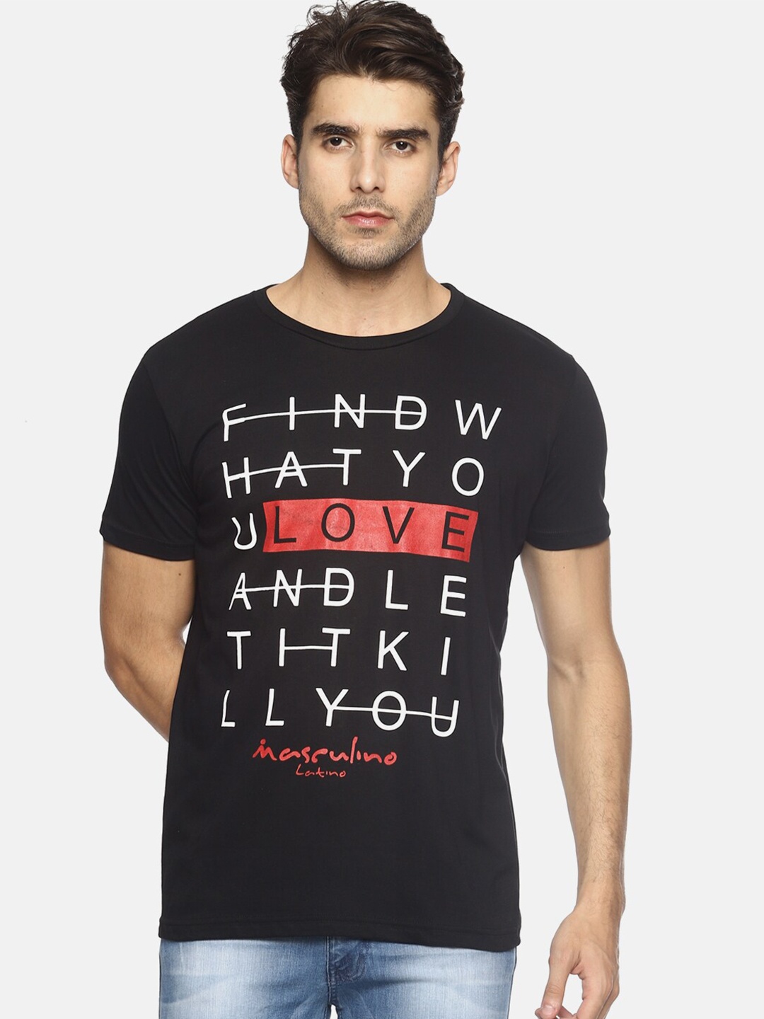 

Masculino Latino Men Black Typography Printed Pure Cotton T-shirt