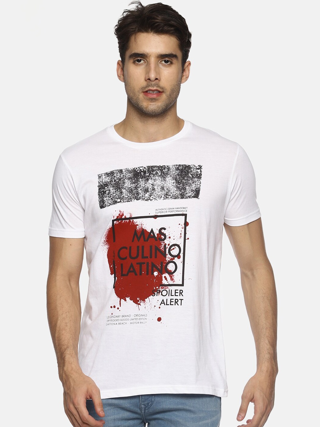 

Masculino Latino Men White Printed Pure Cotton T-shirt