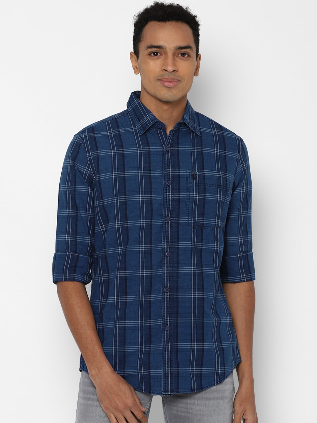 

AMERICAN EAGLE OUTFITTERS Men Blue Tartan Checks Opaque Checked Pure Cotton Casual Shirt