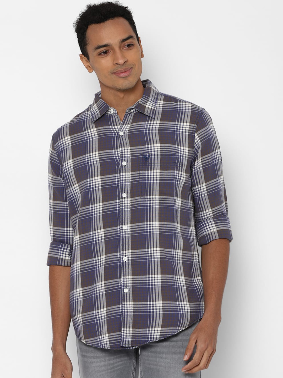 

AMERICAN EAGLE OUTFITTERS Men Blue Tartan Checks Opaque Checked Pure Cotton Casual Shirt