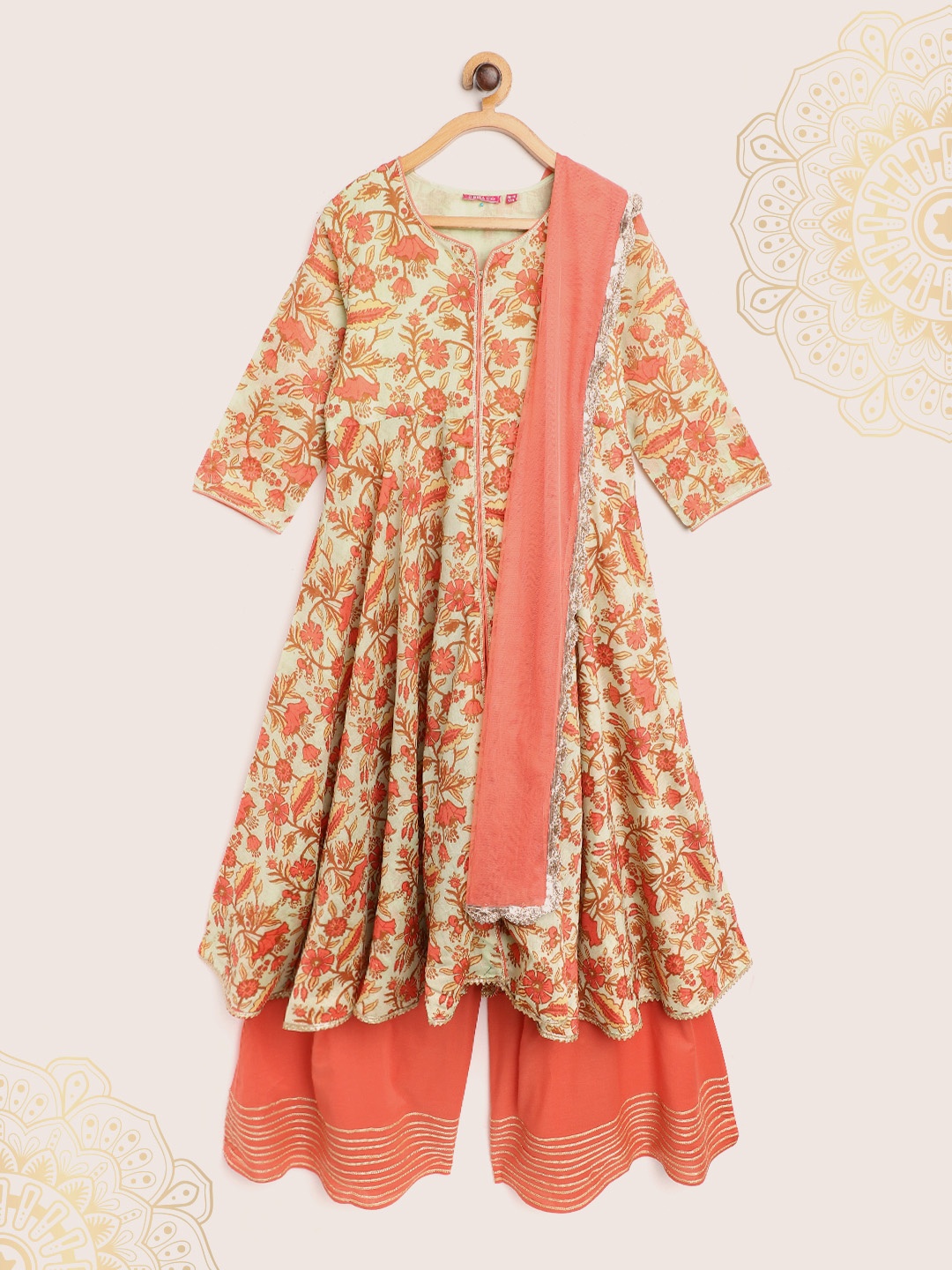 

Biba Girls Green & Peach-Coloured Floral Print Kurta with Palazzos & Dupatta