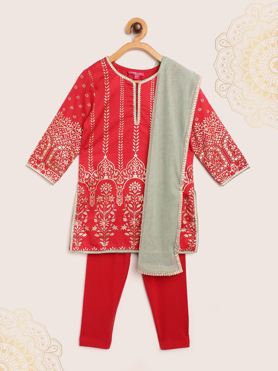 

Biba Girls Red & Green Ethnic Motifs Print Kurta with Trousers & Dupatta