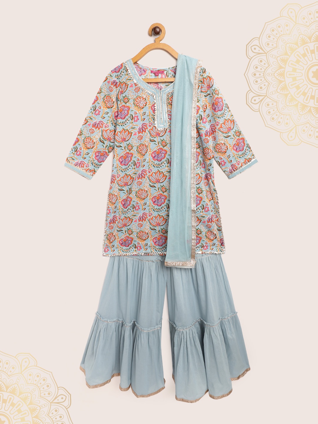 

Biba Girls Blue & Pink Printed Gotta Patti Pure Cotton Kurta with Sharara & Dupatta