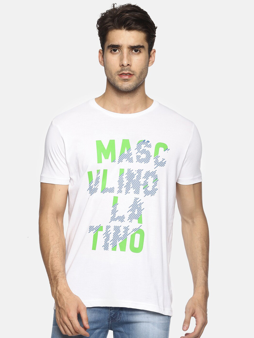 

Masculino Latino Men White Pure Cotton Typography Printed Pure Cotton T-shirt