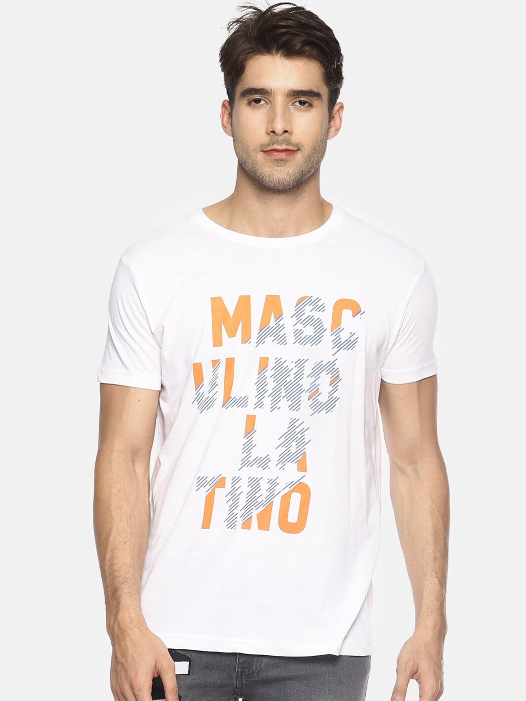 

Masculino Latino Men White Pure Cotton Typography Printed Pure Cotton T-shirt