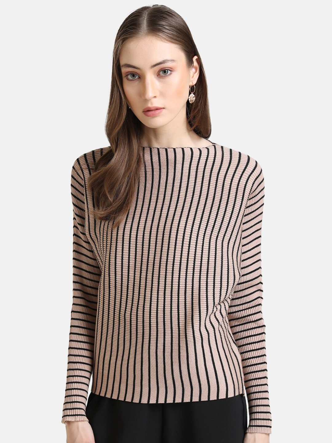 

Kazo Women Beige & Black Striped Pullover
